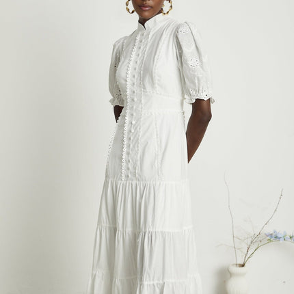 Coline White Embroidered Midi Dress with Floral Embroidery and Lace Trim