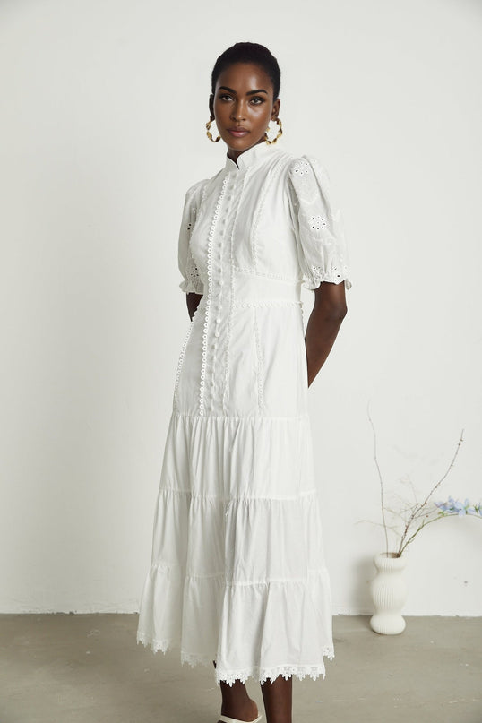 Coline White Embroidered Midi Dress with Floral Embroidery and Lace Trim