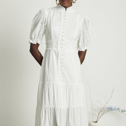 Coline White Embroidered Midi Dress with Floral Embroidery and Lace Trim