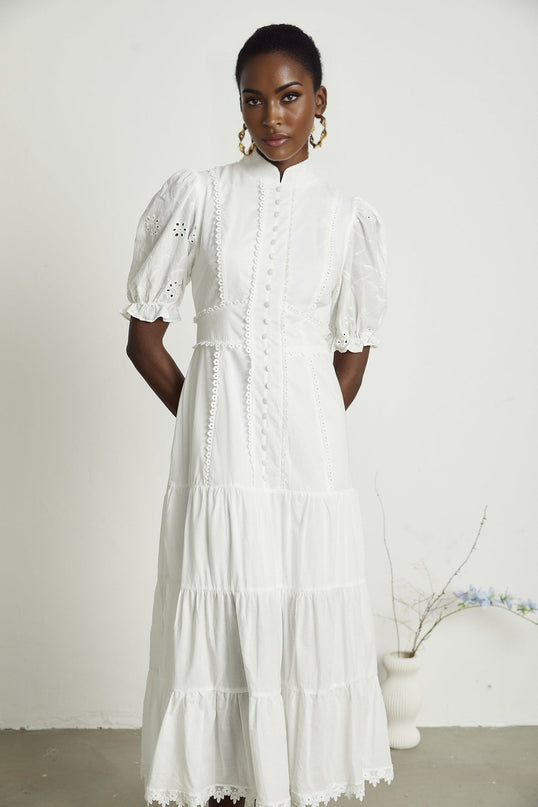 Coline White Embroidered Midi Dress with Floral Embroidery and Lace Trim