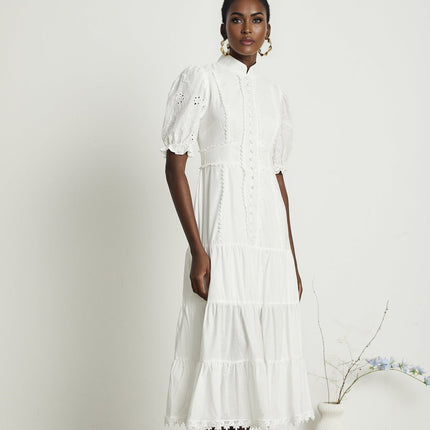 Coline White Embroidered Midi Dress with Floral Embroidery and Lace Trim