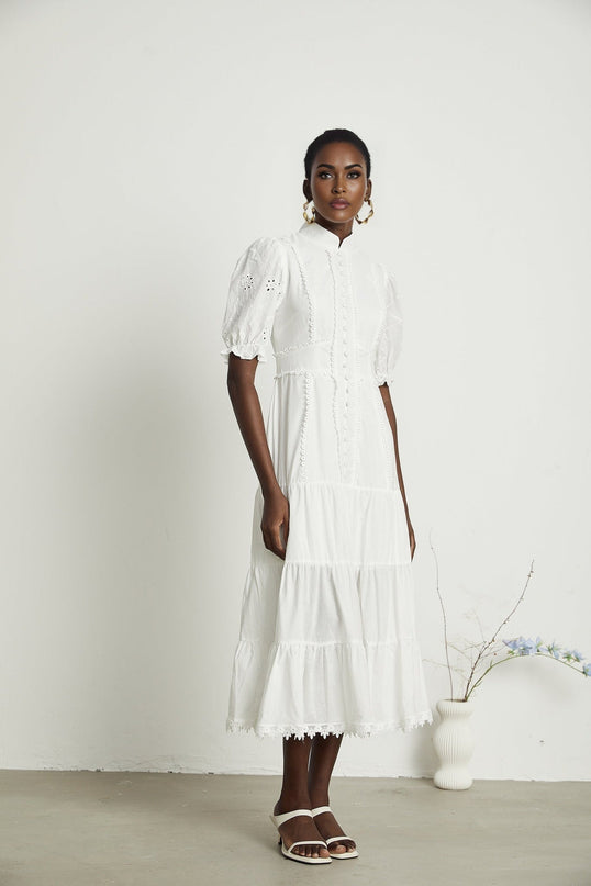Coline White Embroidered Midi Dress with Floral Embroidery and Lace Trim