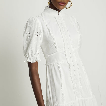 Coline White Embroidered Midi Dress with Floral Embroidery and Lace Trim