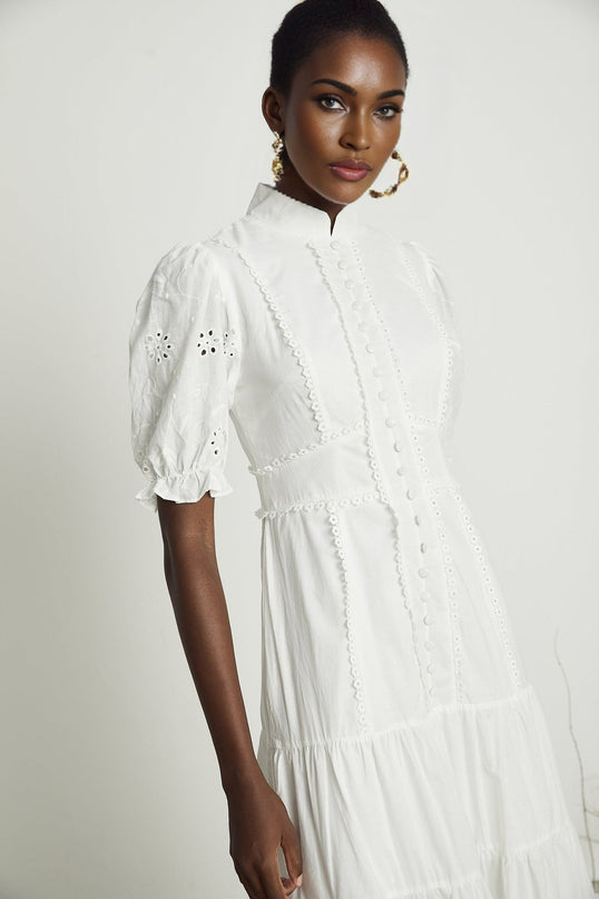 Coline White Embroidered Midi Dress with Floral Embroidery and Lace Trim