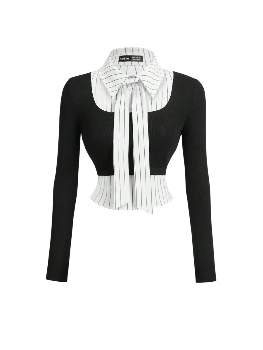 Natalie contrast bow blouse with ribbed black fabric, striped collar, and elegant bow tie detail