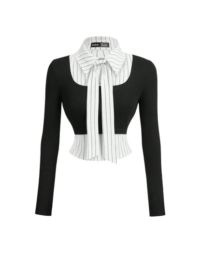 Natalie contrast bow blouse with ribbed black fabric, striped collar, and elegant bow tie detail