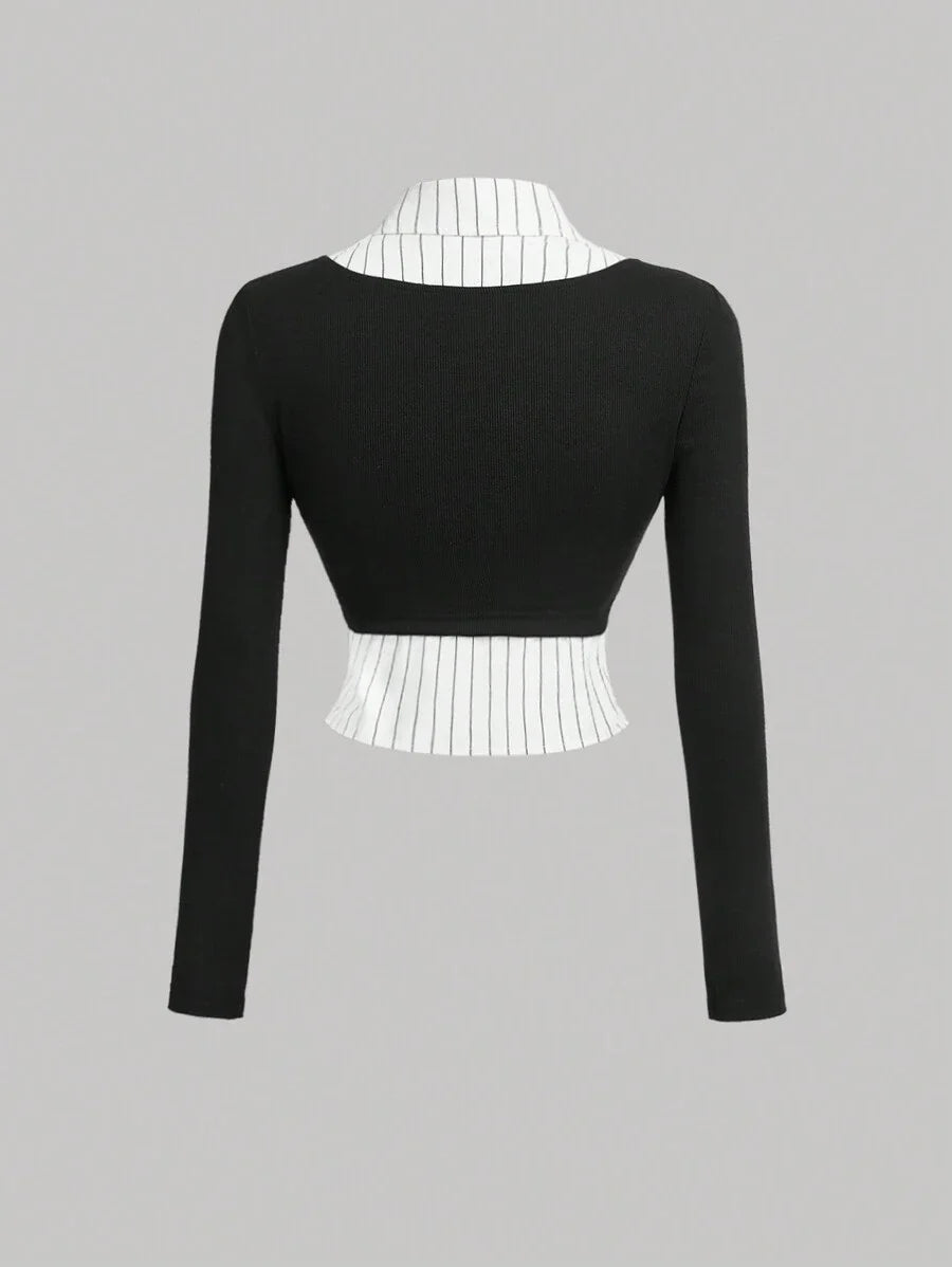 Collared Long Sleeve Striped Splice Black Color Fashionable ShirtBusiness Casual WomenProfessional
