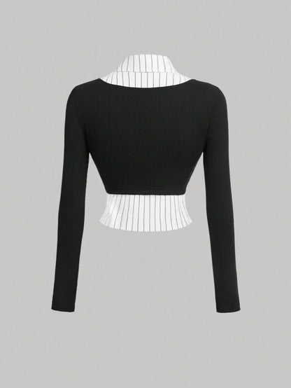 Collared Long Sleeve Striped Splice Black Color Fashionable ShirtBusiness Casual WomenProfessional