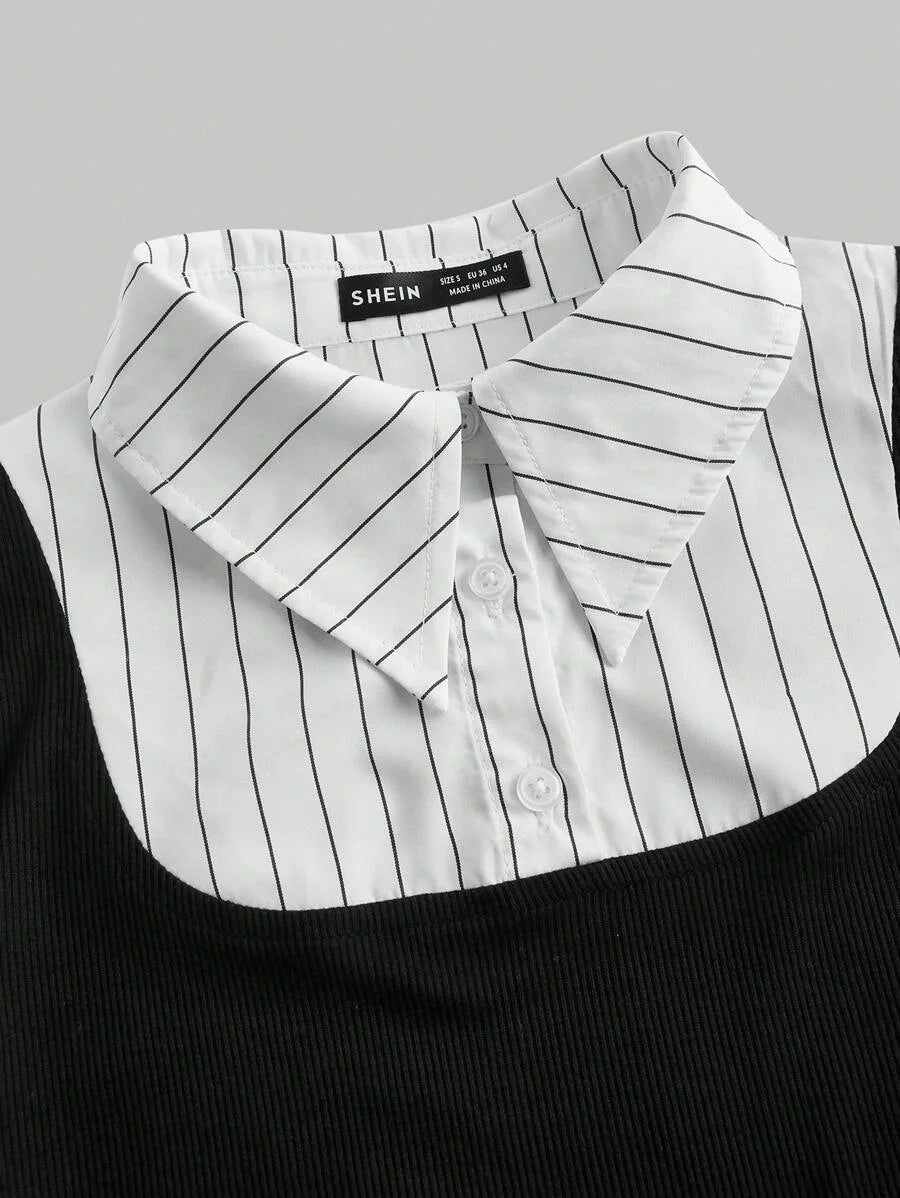 Collared Long Sleeve Striped Splice Black Color Fashionable ShirtBusiness Casual WomenProfessional