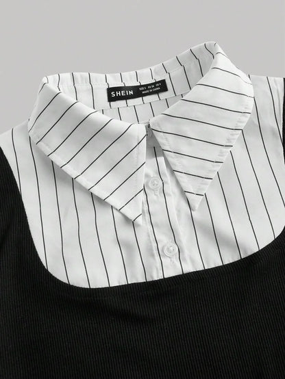 Collared Long Sleeve Striped Splice Black Color Fashionable ShirtBusiness Casual WomenProfessional