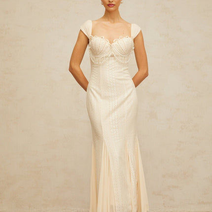 Colomba Maxi Dress in Cream White with Faux-Pearl Embellishment and Brooch Detail