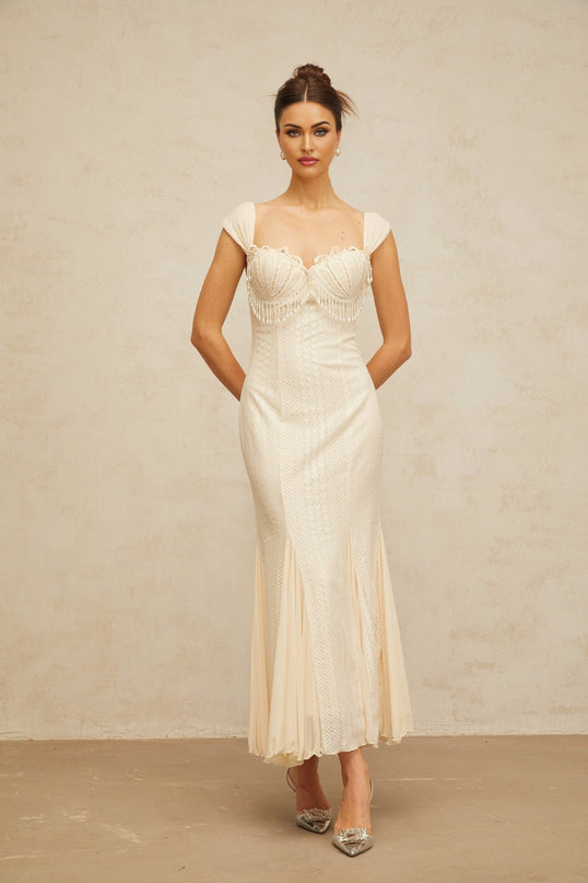 Colomba Maxi Dress in Cream White with Faux-Pearl Embellishment and Brooch Detail