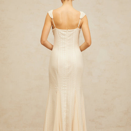 Colomba Maxi Dress in Cream White with Sweetheart Neckline and Faux-Pearl Embellishment