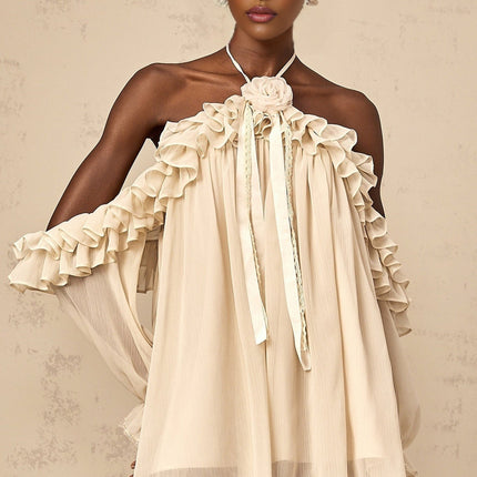 Colomba Mini Dress Neutrals Floral Appliqué Ruffled Terylene Fiber Halterneck Long Sleeves Pleated Lace Trim Ribbon Design Thigh-Length Special Occasion Timeless Elegance