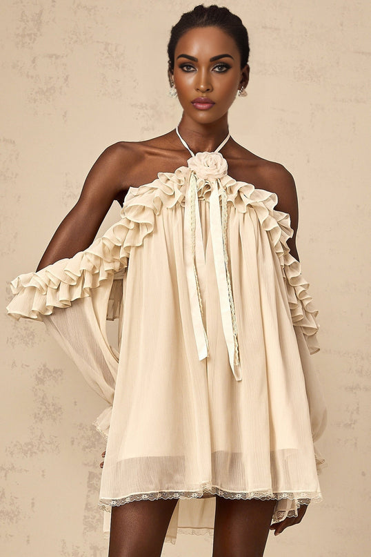 Colomba Mini Dress Neutrals Floral Appliqué Ruffled Terylene Fiber Halterneck Long Sleeves Pleated Lace Trim Ribbon Design Thigh-Length Special Occasion Timeless Elegance