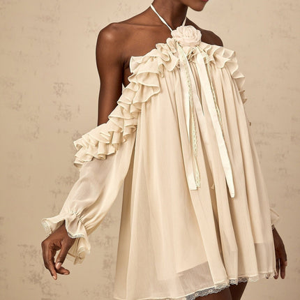 Colomba Neutrals Floral Appliqué Ruffled Mini Dress Terylene Halterneck Lace Trim Ribbon Design Thigh-Length Elegant Graceful