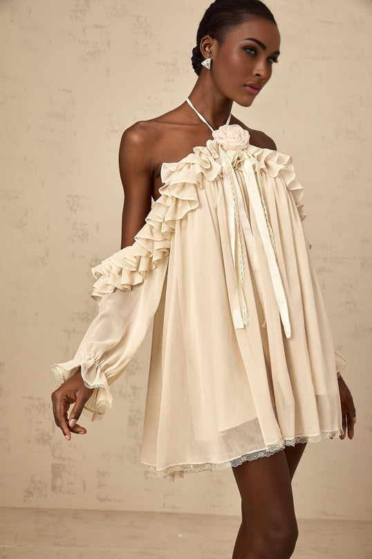 Colomba Neutrals Floral Appliqué Ruffled Mini Dress Terylene Halterneck Lace Trim Ribbon Design Thigh-Length Elegant Graceful