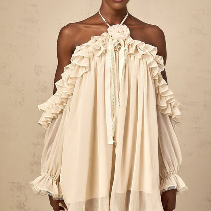 Colomba Mini Dress in Neutrals Terylene Fiber Floral Appliqué Ruffled Halterneck Long Sleeves Pleated Lace Trim Ribbon Design Thigh-Length Lined Sophisticated Elegant Graceful Special Occasion Timeless Elegance