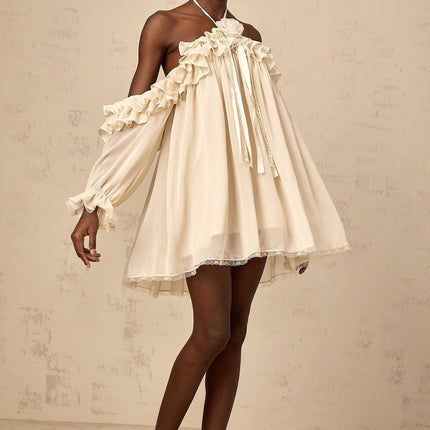 Colomba Mini Dress in Neutrals Terylene Fiber Floral Appliqué Ruffled Halterneck Long Sleeves Pleated Lace Trim Ribbon Design Thigh-Length Lined Elegant Sophisticated Rear Tie Fastening Special Occasion Timeless Grace