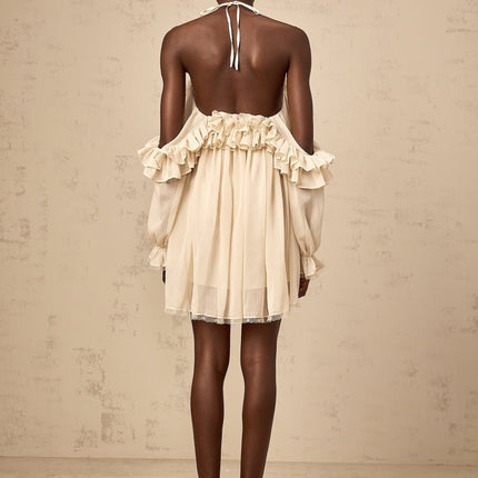 Colomba Mini Dress in Neutrals Floral Appliqué Ruffled Terylene Halterneck Long Sleeves Lace Trim Ribbon Design Pleated Thigh-Length