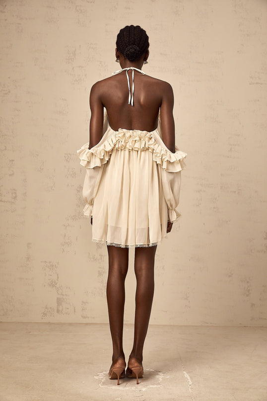 Colomba Mini Dress in Neutrals Floral Appliqué Ruffled Terylene Halterneck Long Sleeves Lace Trim Ribbon Design Pleated Thigh-Length