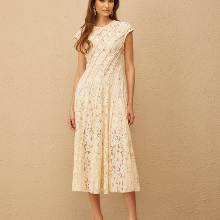 Colomba Neutrals Floral Lace Midi Dress with Pleated Skirt