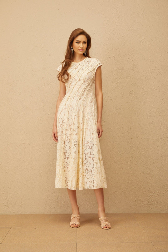 Colomba Neutrals Floral Lace Midi Dress with Pleated Skirt