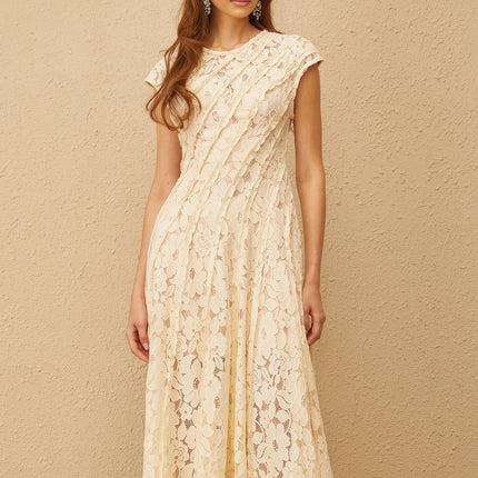 Colomba Neutrals Floral Lace Midi Dress with Cap Sleeves and Cinched Waist
