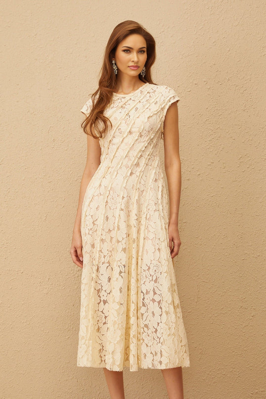 Colomba Neutrals Floral Lace Midi Dress with Cap Sleeves and Cinched Waist