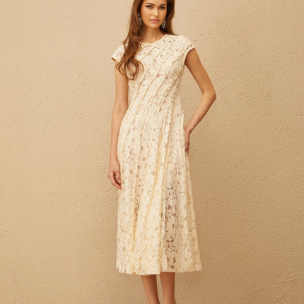 Colomba Neutrals Floral Lace Midi Dress Cap Sleeves Cinched Waist