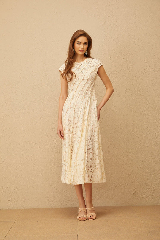 Colomba Neutrals Floral Lace Midi Dress Cap Sleeves Cinched Waist