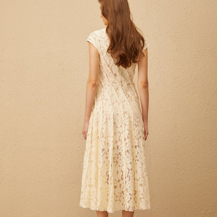 Colomba Neutrals Floral Lace Midi Dress with Cap Sleeves and Cinched Waist