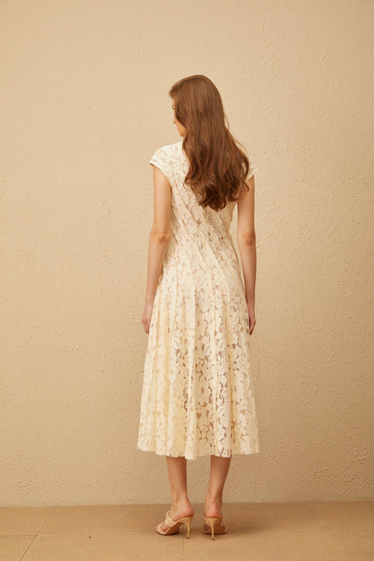 Colomba Neutrals Floral Lace Midi Dress with Cap Sleeves and Cinched Waist