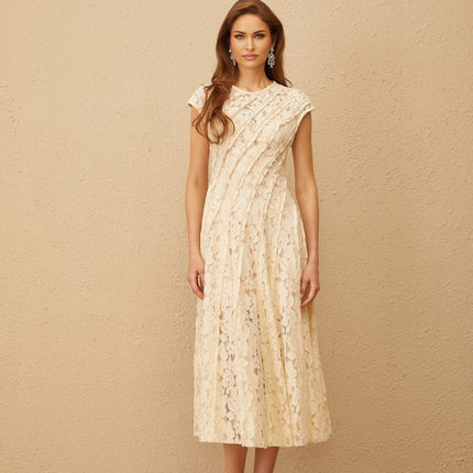 Colomba Neutrals Floral Lace Midi Dress Cap Sleeves Cinched Waist