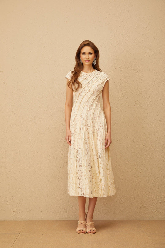 Colomba Neutrals Floral Lace Midi Dress Cap Sleeves Cinched Waist