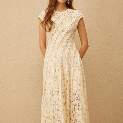 Colomba Neutrals Floral Lace Pleated Midi Dress