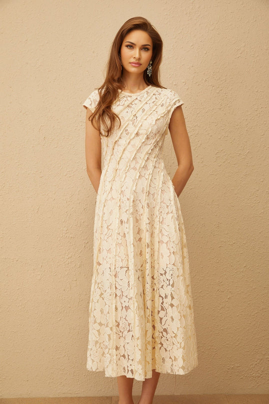 Colomba Neutrals Floral Lace Pleated Midi Dress