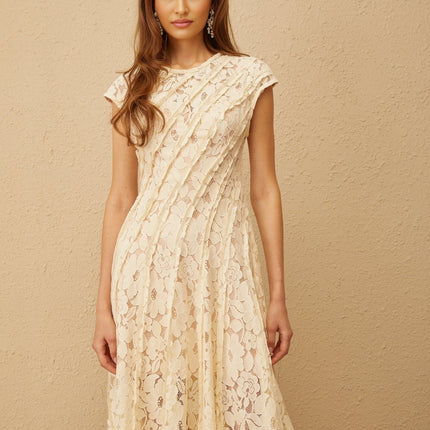 Colomba Neutrals Floral Lace Pleated Midi Dress