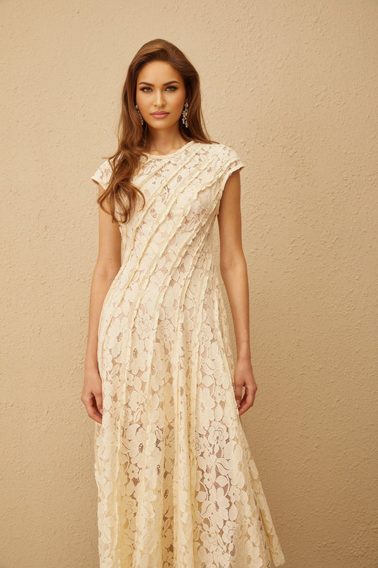 Colomba Neutrals Floral Lace Pleated Midi Dress