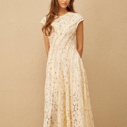 Colomba Neutrals Floral Lace Pleated Midi Dress