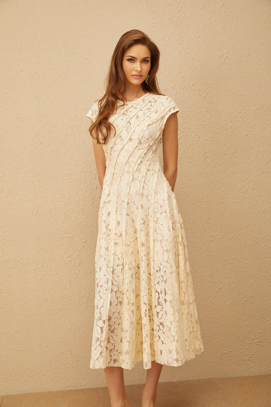 Colomba Neutrals Floral Lace Pleated Midi Dress