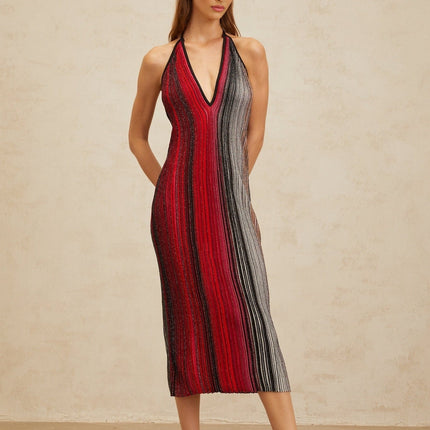 Colomba Red Sequined Stripe Halter Midi Dress