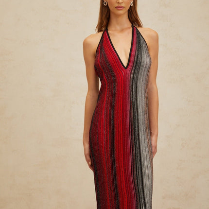 Colomba Red Sequined Stripe Halter Midi Dress