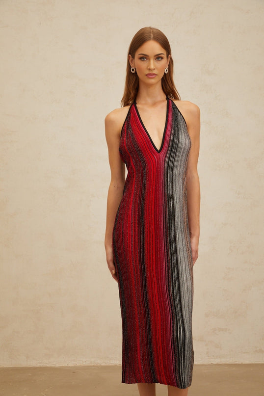 Colomba Red Sequined Stripe Halter Midi Dress
