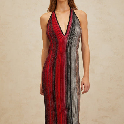 Colomba Red Sequined Stripe Halter Neck Midi Dress