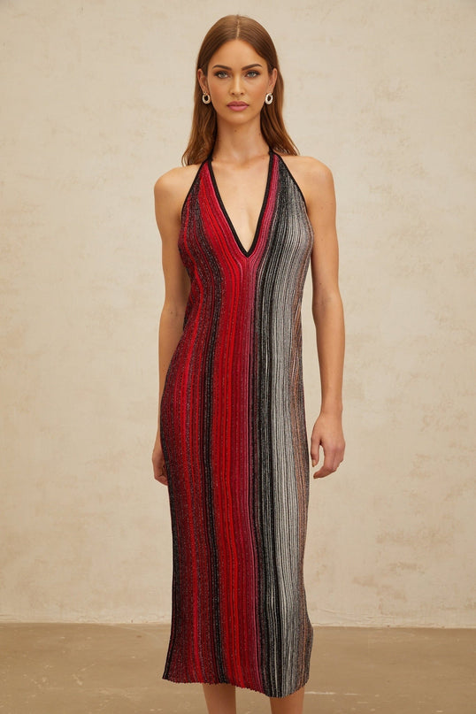 Colomba Red Sequined Stripe Halter Neck Midi Dress