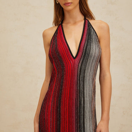 Colomba Red Sequined Stripe Halter Neck Midi Dress