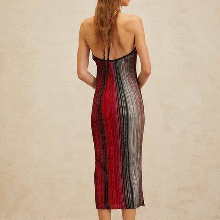 Colomba Red Sequined Stripe Halter Neck Midi Dress