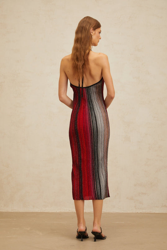 Colomba Red Sequined Stripe Halter Neck Midi Dress