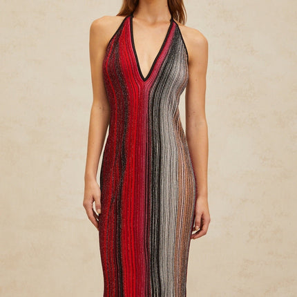 Colomba Red Sequined Stripe Midi Dress